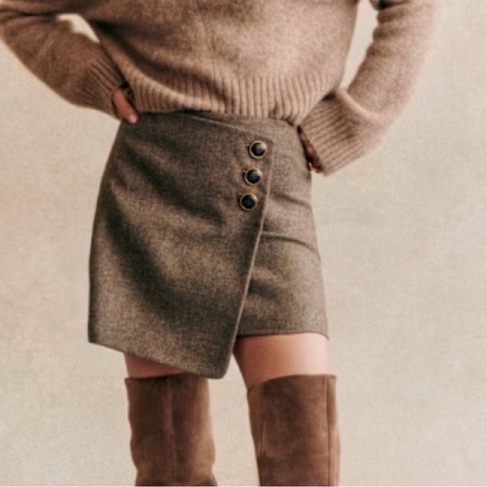 Sézane Brown Wool-Blend Mini Skirt with Gold-Trim Buttons